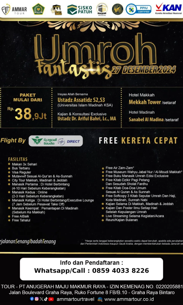 Lama Perjalanan umroh memakan waktu sekitar 9 hingga 12 hari, tergantung pada paket dan biro perjalanan yang dipilih 
