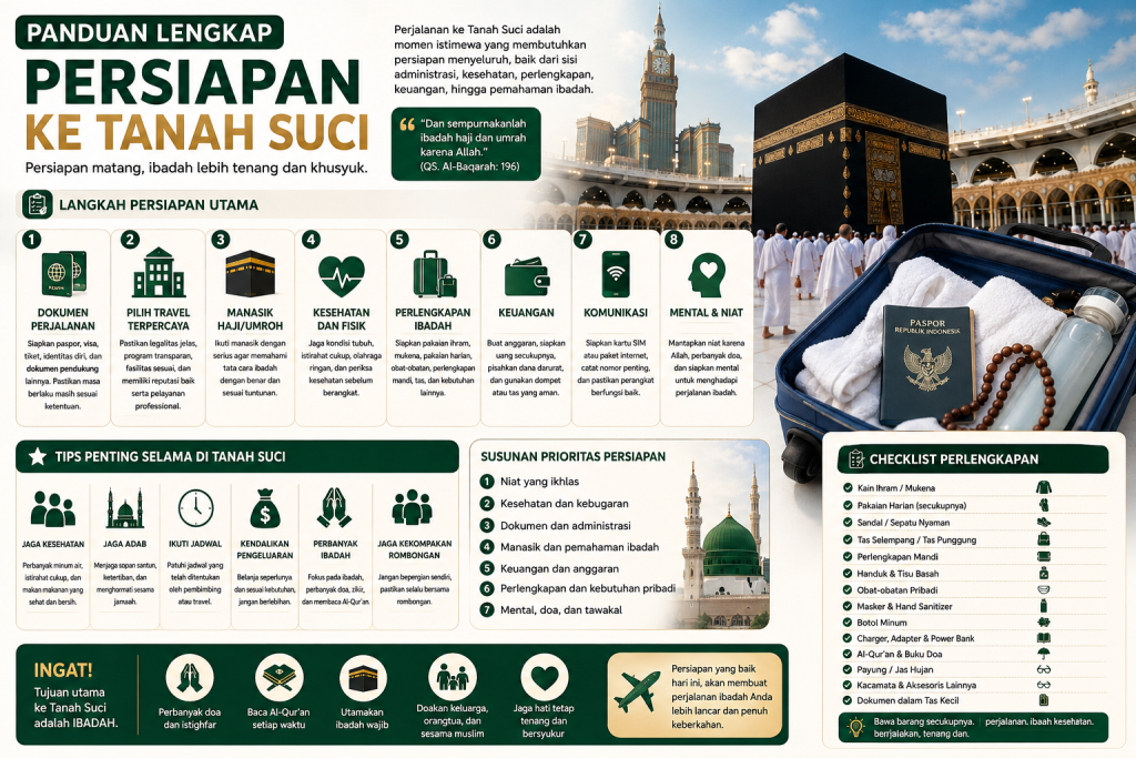 Ketahui syarat daftar umroh terbaru 2026, mulai dari paspor, visa, vaksinasi meningitis, dokumen, pendaftaran travel, kesehatan, hingga tips memilih PPIU resmi.