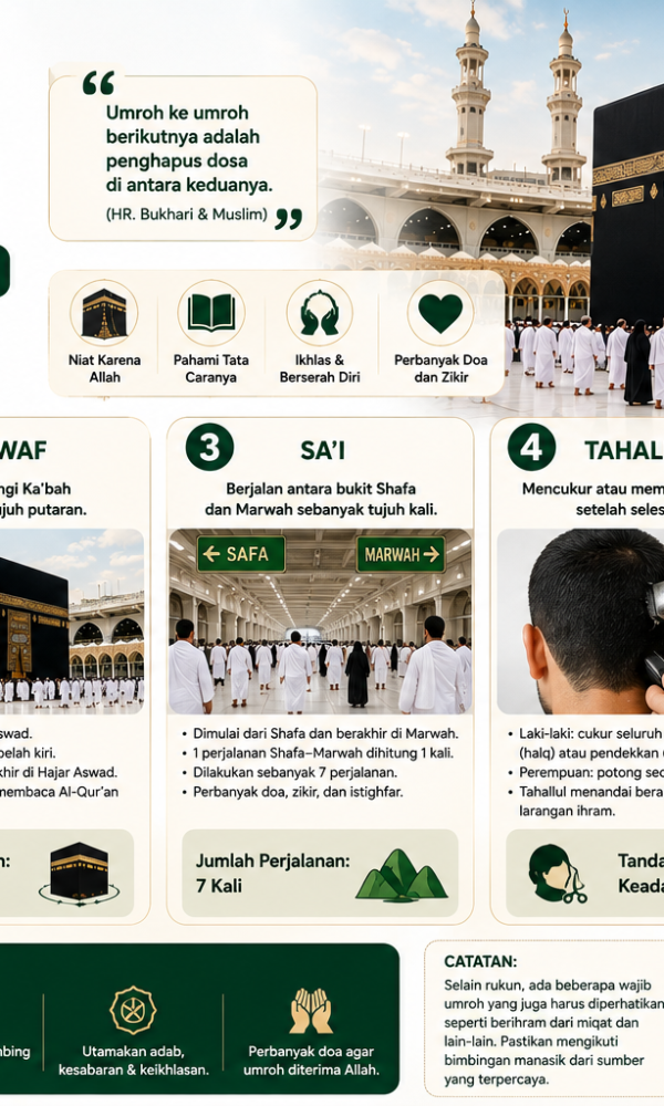 Kenali 5 rukun umroh yang wajib diketahui, mulai dari ihram, tawaf, sa'i, tahallul, hingga tertib agar ibadah umroh dapat dilaksanakan dengan benar 