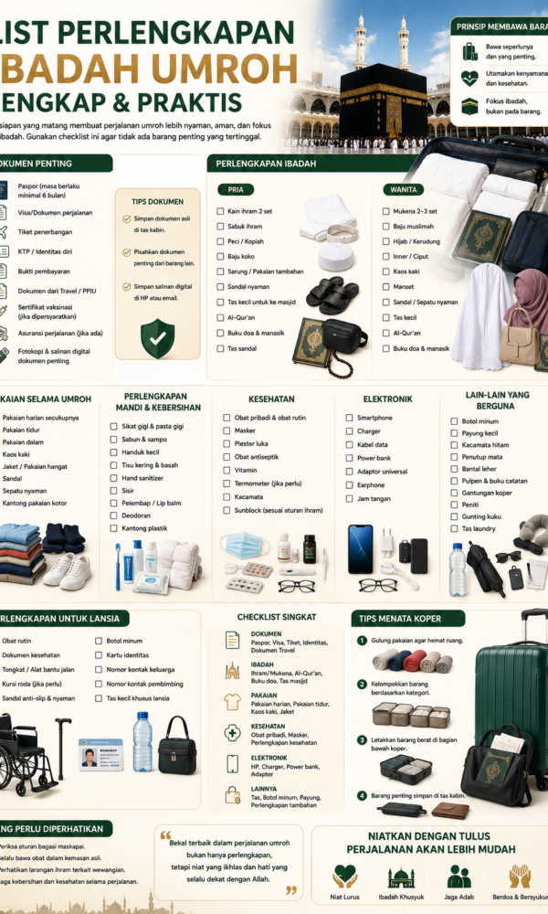 Simak list perlengkapan ibadah umroh lengkap untuk pria, wanita, lansia, dokumen, pakaian, kesehatan, elektronik, hingga perlengkapan di Tanah Suci 