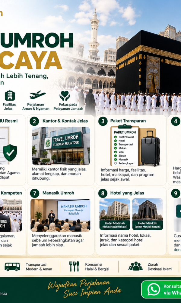 Kenali ciri travel umroh terpercaya, mulai dari legalitas PPIU, paket, fasilitas, pembimbing, hotel, hingga tips menghindari penipuan travel umroh 