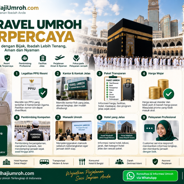 Kenali ciri travel umroh terpercaya, mulai dari legalitas PPIU, paket, fasilitas, pembimbing, hotel, hingga tips menghindari penipuan travel umroh 